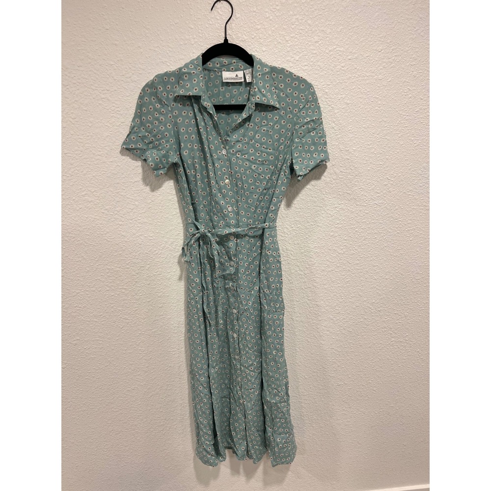 Liz Claiborne Petite Vintage 90s Daisy Floral Midi Shirt Dress Sage Green 4P
